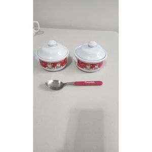 2 Vtg 1998‎ Ceramic Campbell's Soup Bowls with Lid + 1 Campbells 2001 Soup Spoon